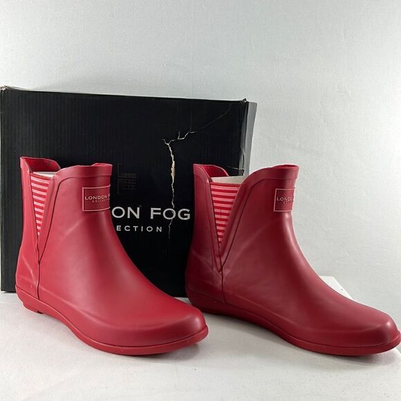 London Fog Piccadilly Red w/Stripes Rain Boots size 7 M - Picture 1 of 7